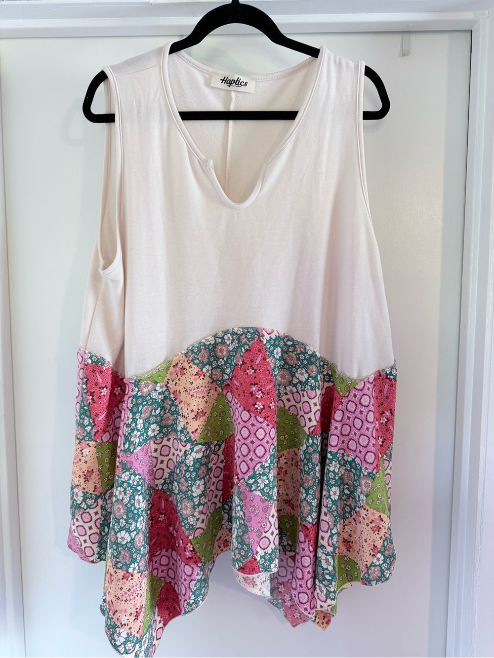 Haptics Women's Cream Tank Top with Pink Multi-Print Hem